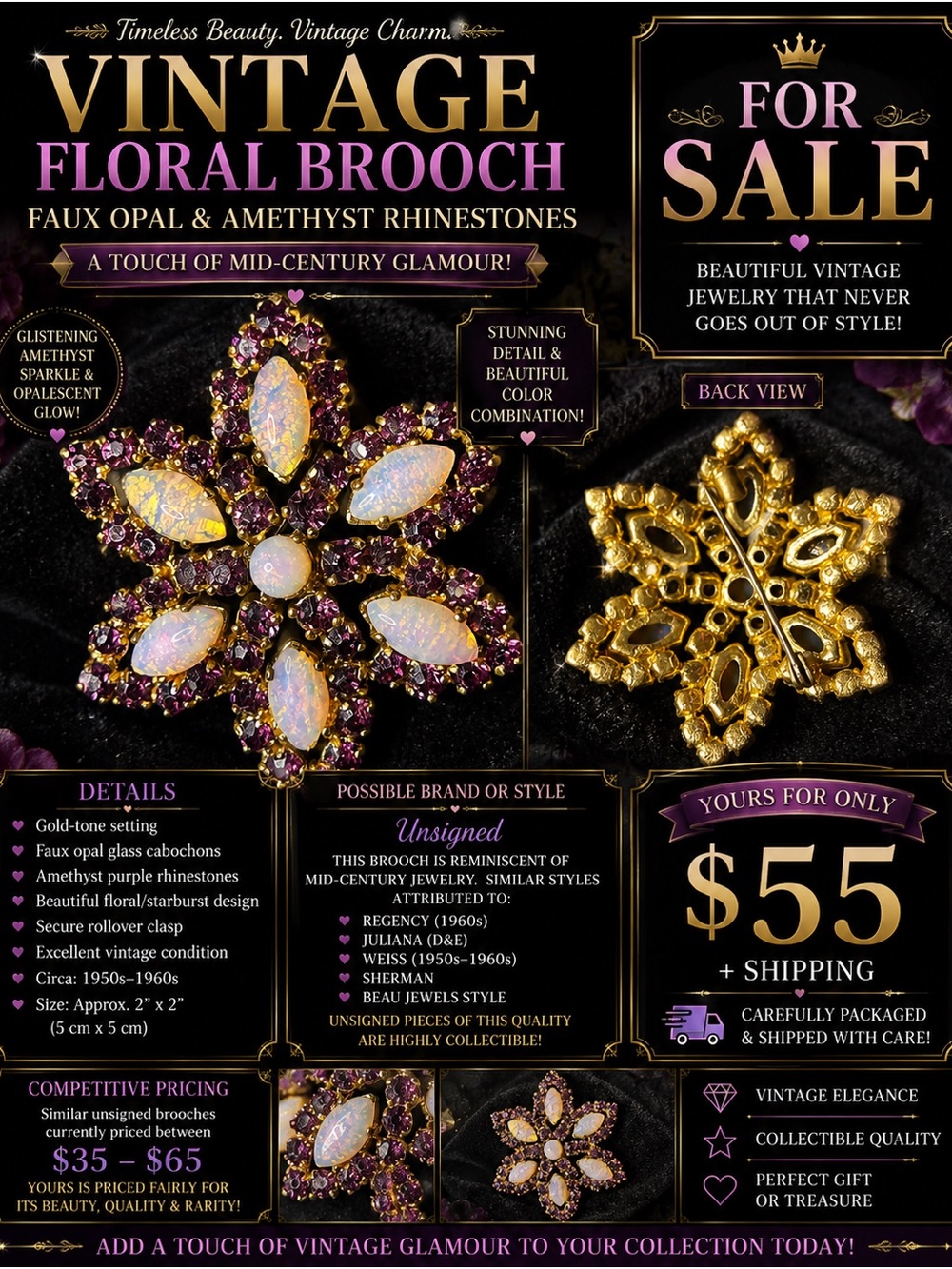 Floral prong set opal brooch
